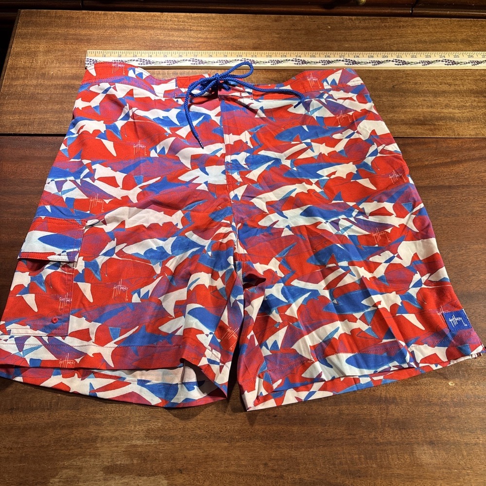 Guy‎ Harvey Shark Print Tie Waist Men's Swim Trunks Sz L. Red, White, Blue.